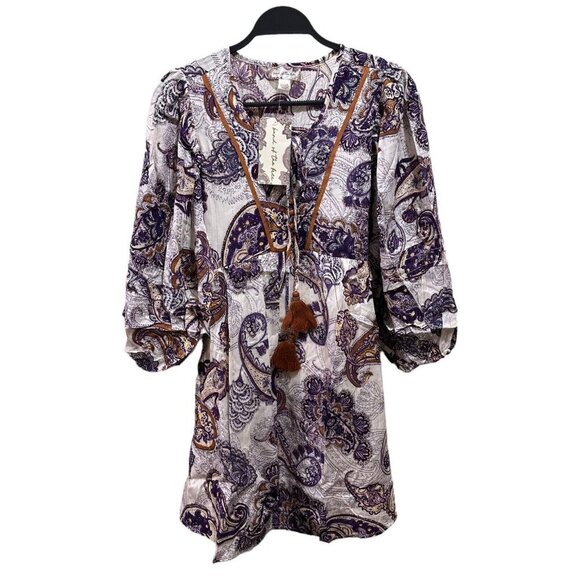 Band Of The Free Size S Lyonnette Paisley Cream Purple Boho Mini Dress NWT - Picture 1 of 8